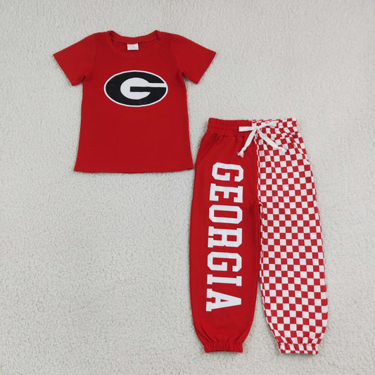 BSPO0700 Offet Printing GEORGIA Red Short Sleeve Checkered Pants Boys Set