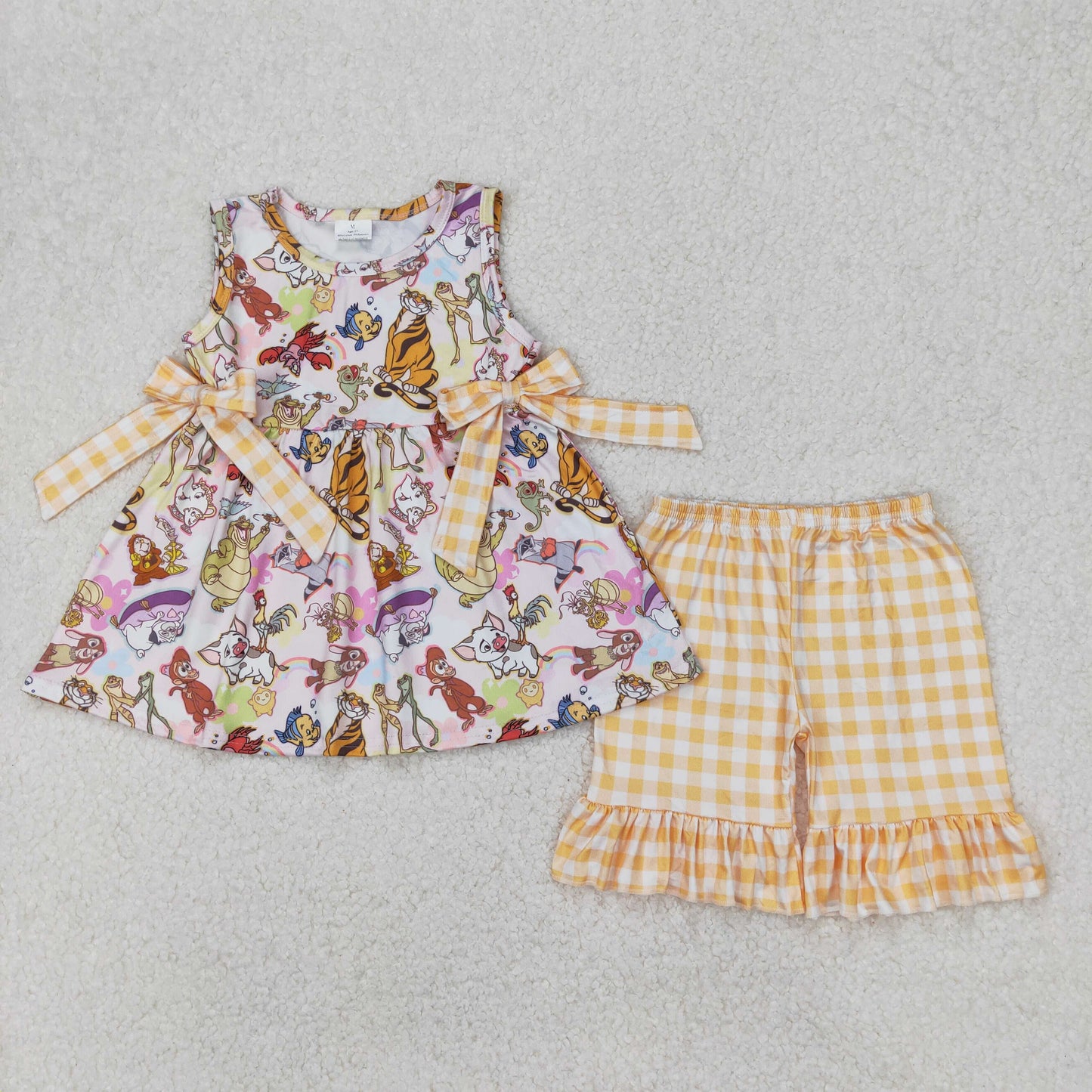 GSSO2197 cartoon animals bows sleeveless yellow checkered shorts girls set