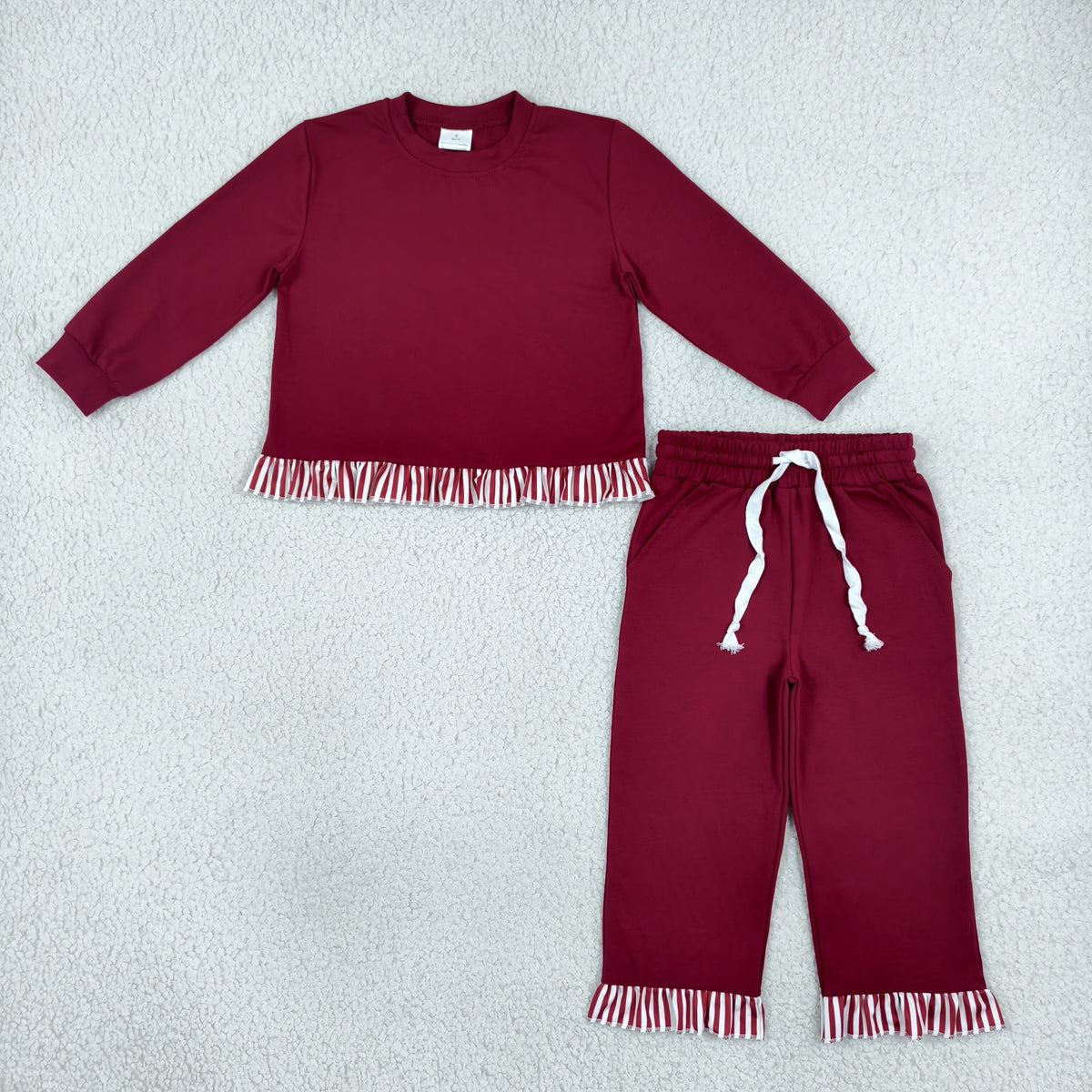 GLP3829 Ruffles Maroon Long Sleeve Pants Girls Set