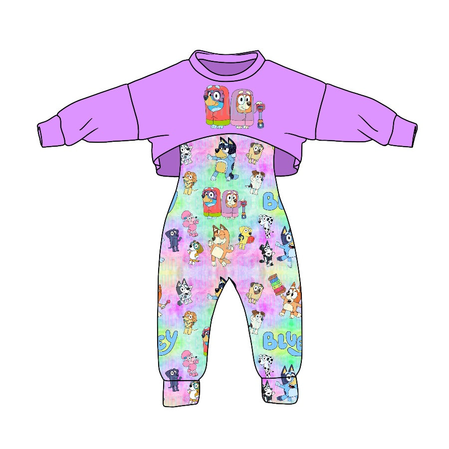 custom S 8.4 Halloween cartoon dog purple long sleeve colorful jumpsuits girls set