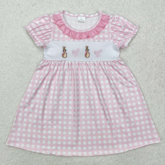 embroidery GSD1583 Easter bunny rabbit bows pink checkered short sleeve girls dress