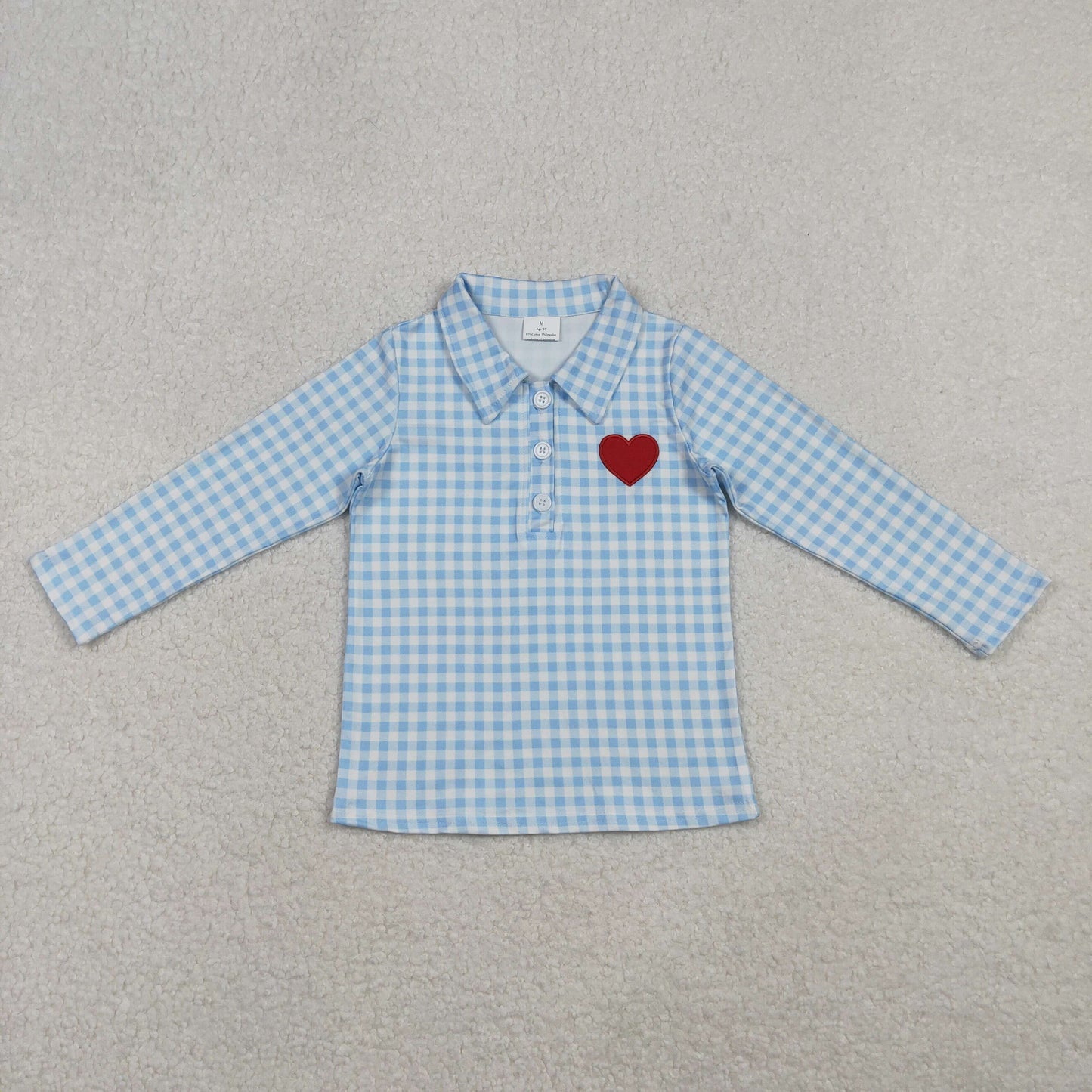 embroidery BT1386 Valentine's Day red heart blue checkered long sleeve boys top