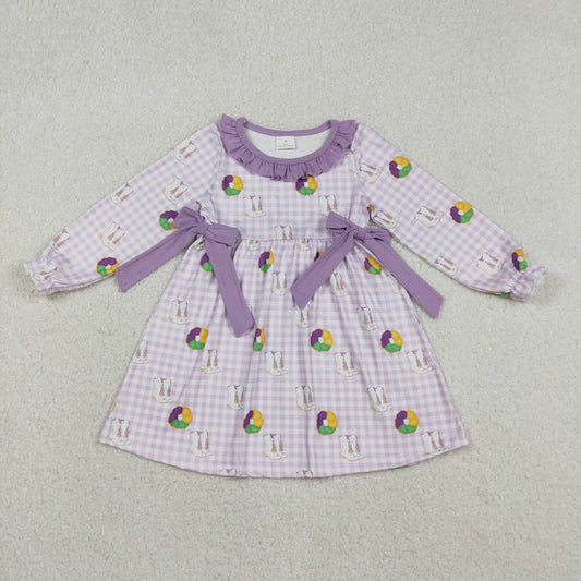 GLD1379 Mardi Gras count purple checkered bows long sleeve girls dress