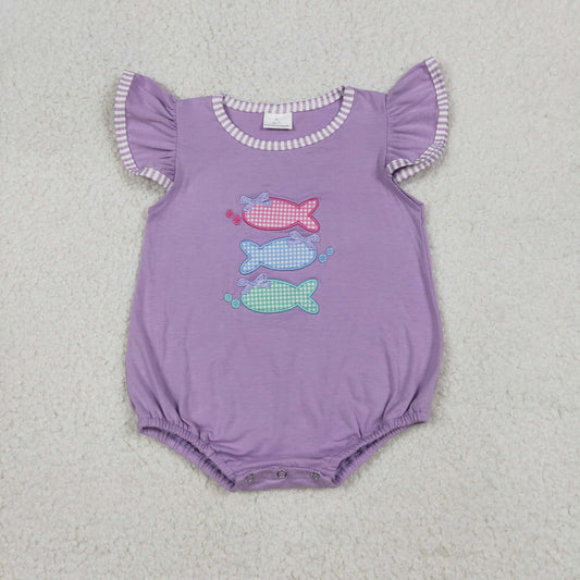 Embroidery SR4006 Fishing Purple Flutter Sleeve Girls Romper