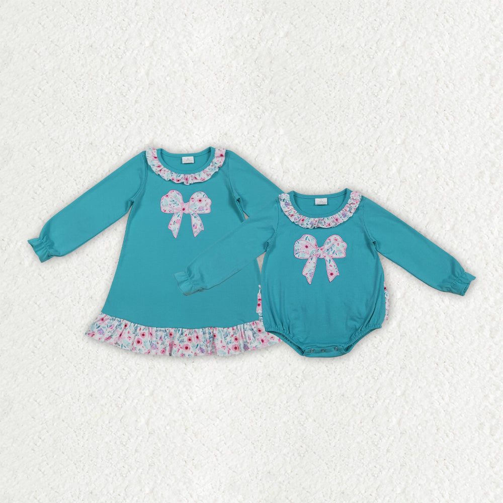 Embroidery Floral Bows Blue Dress/Romper Sibling Clothes RTS sibling clothes