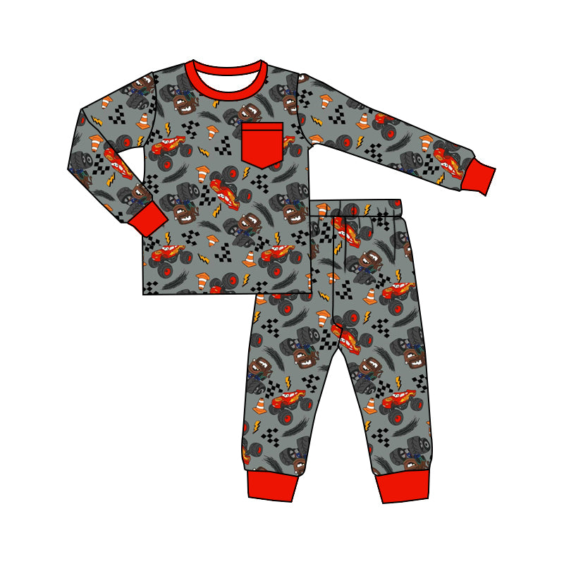 custom cartoon car grey red pocket long sleeve pants boys pajamas
