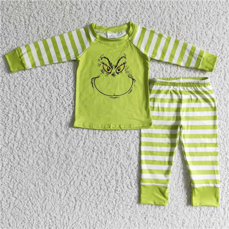 6 B7-2 Christmas Baby Kids Green Striped Print Pajamas