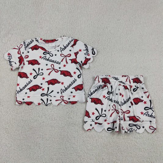 GSSO3254 Scallop Football Item Bows Short Sleeve Shorts Girls Set