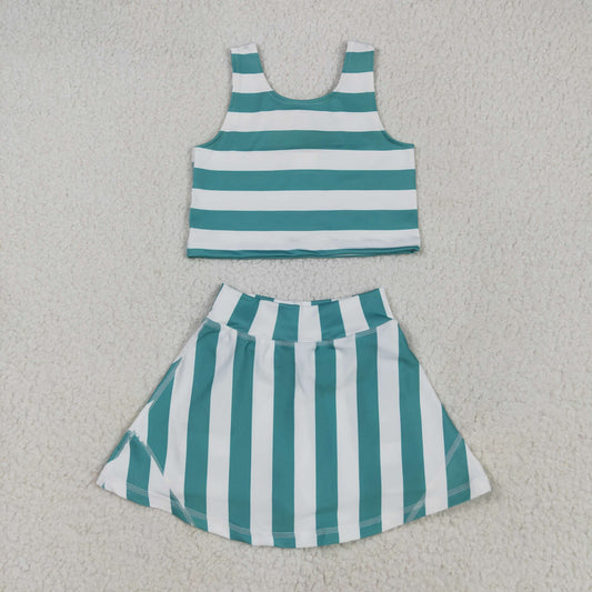 GSD2432 yoga green striped sleeveless skirt with shorts girls set