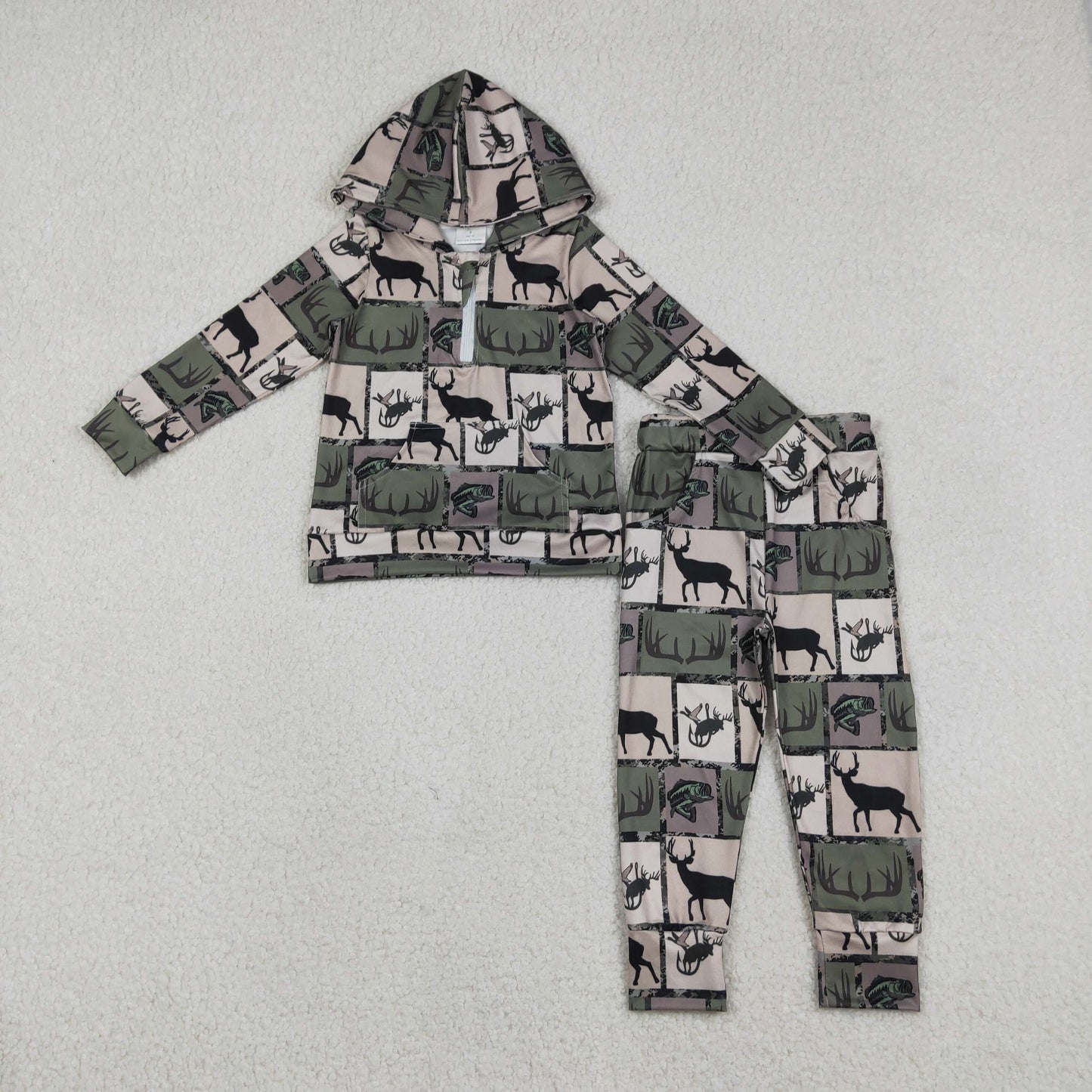 BLP1368 hunting deer pocket hoodie long sleeve pants boys set