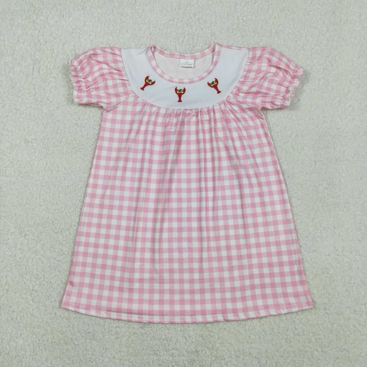 embroidery GSD2853 Mardi Gras crayfish pink checkered short sleeve girls dress