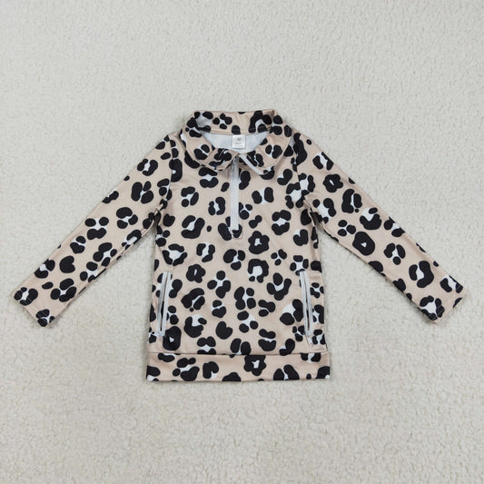 GT1072 yoga brown leopard long sleeve zipper girls top