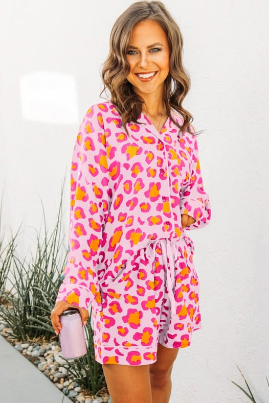preorder Pink Leopard Long Sleeve Shorts Adult Women Pajamas