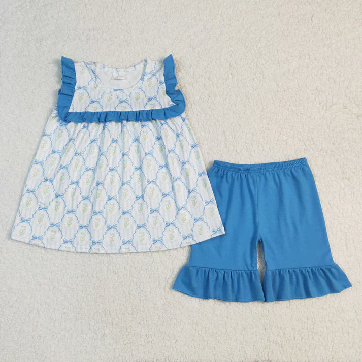 blue bows/pink flowers Summer girls set RTS sibling clothes