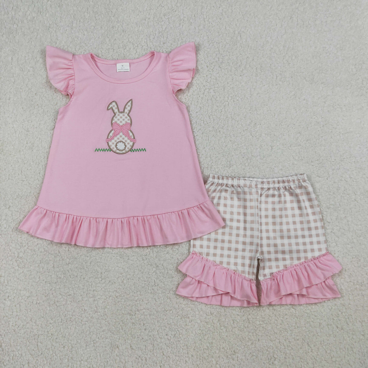Embroidery GSSO0374 Easter Rabbit Pink Flutter Sleeve Checkered Shorts Girls Set