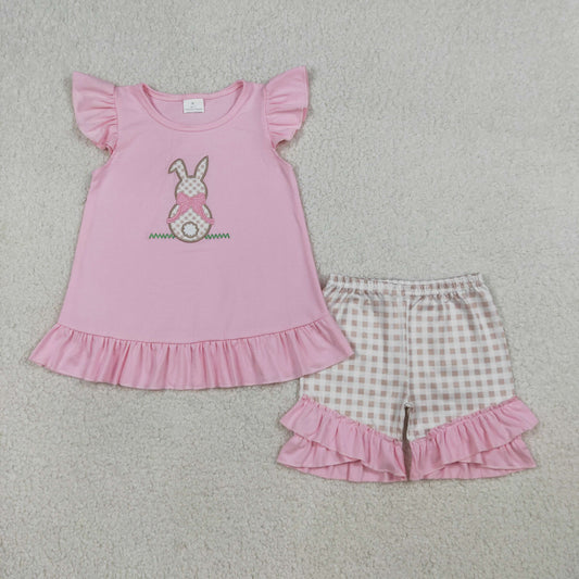 Embroidery GSSO0374 Easter Rabbit Pink Flutter Sleeve Checkered Shorts Girls Set