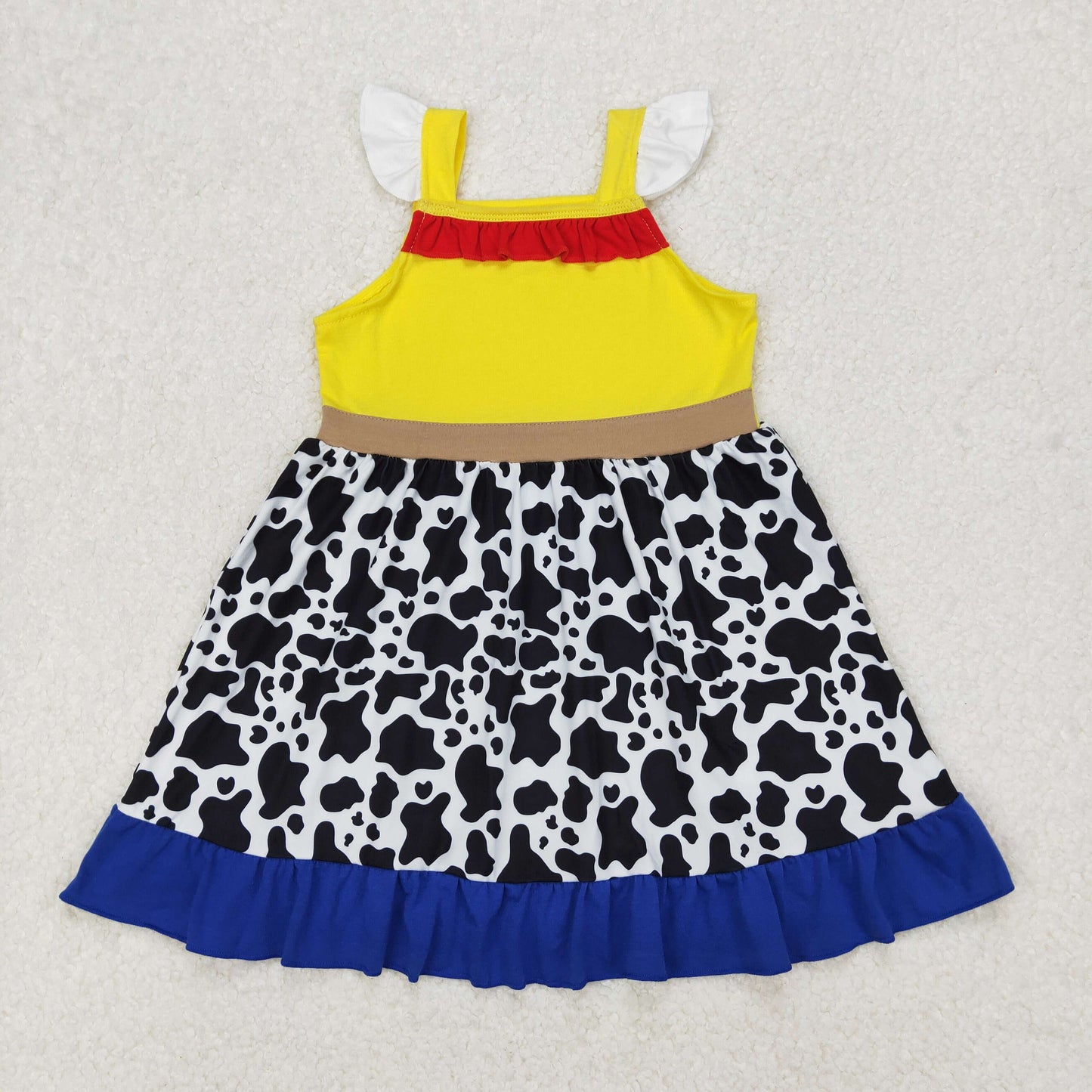 GSD1881 Cartoon Princess Yellow Cow Printing Flutter Sleeve Girls Dress