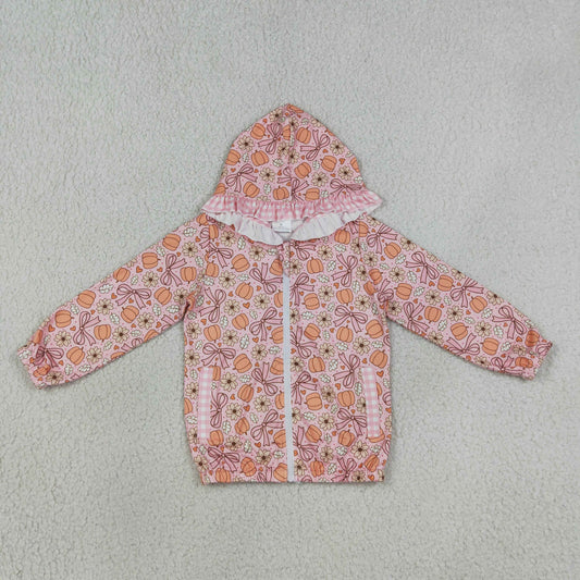 GT1661 Pumpkin Bows Pink Zipper Hoodie Long Sleeve Girls Coat
