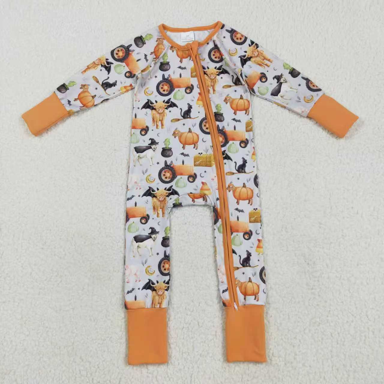 Halloween farm tractor highland cow romper/pajamas RTS Sibling Clothes