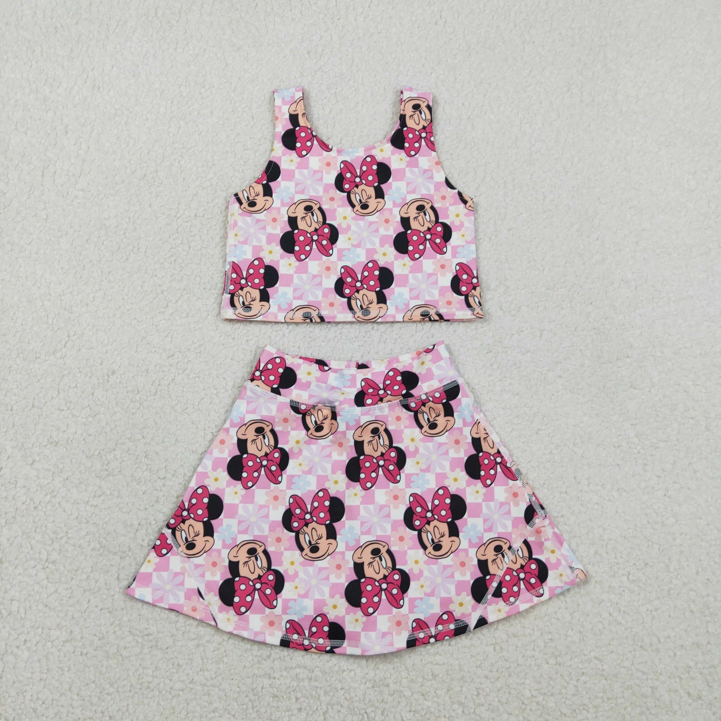 GSD2460 yoga cartoon M pink checkered sleeveless skirt with shorts girls set