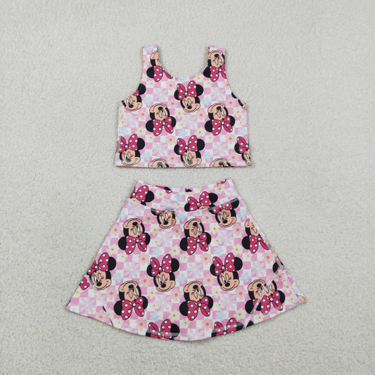 GSD2460 yoga cartoon M pink checkered sleeveless skirt with shorts girls set