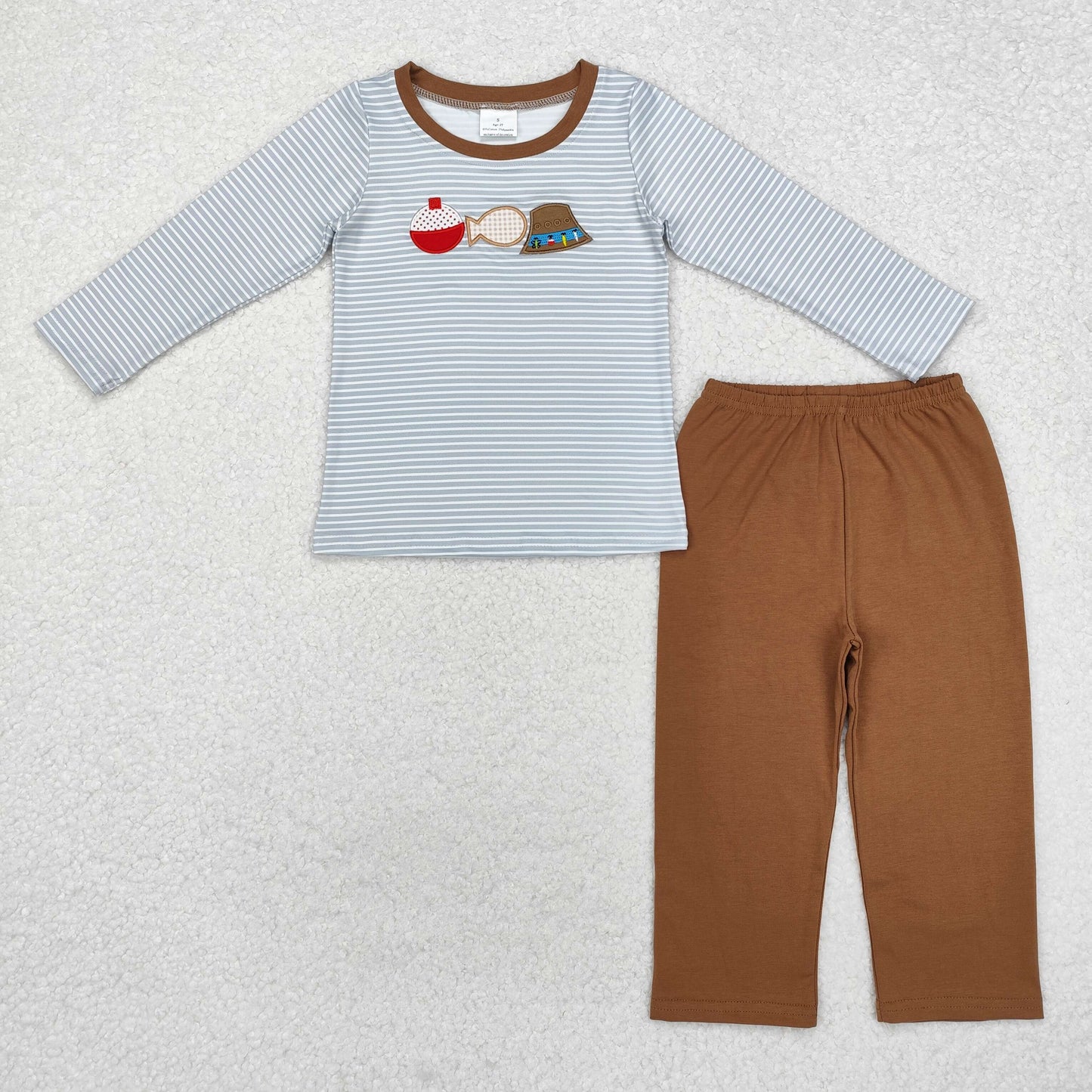 embroidery BLP0590 cute fishing hat striped long sleeve brown pants boys set