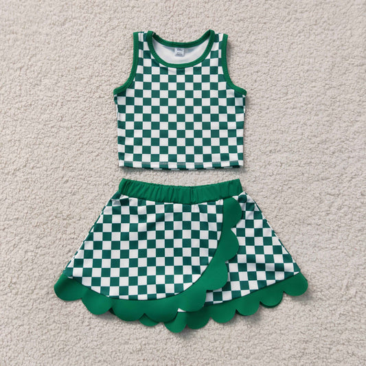 GSD4178 Yoga Green Checkered Sleeveless Skorts Girls Set