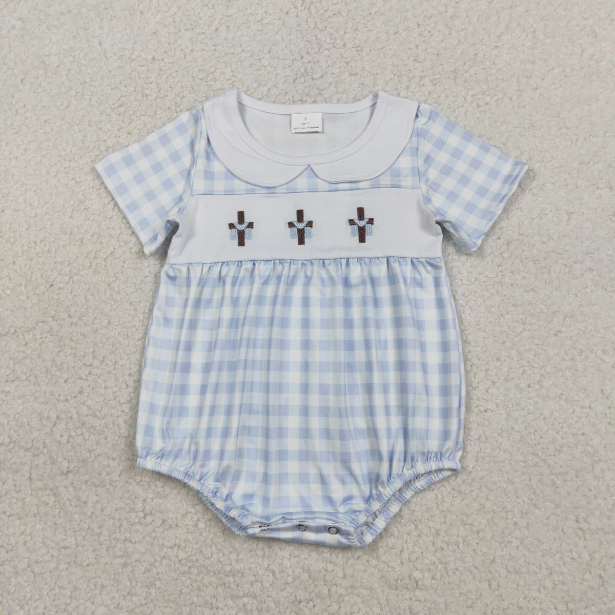 Embroidery SR3757 Easter Cross Blue Checkered Short Sleeve Boys Romper