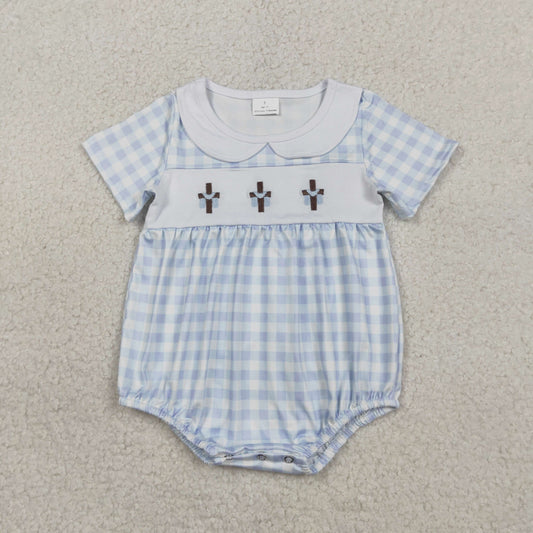 Embroidery SR3757 Easter Cross Blue Checkered Short Sleeve Boys Romper