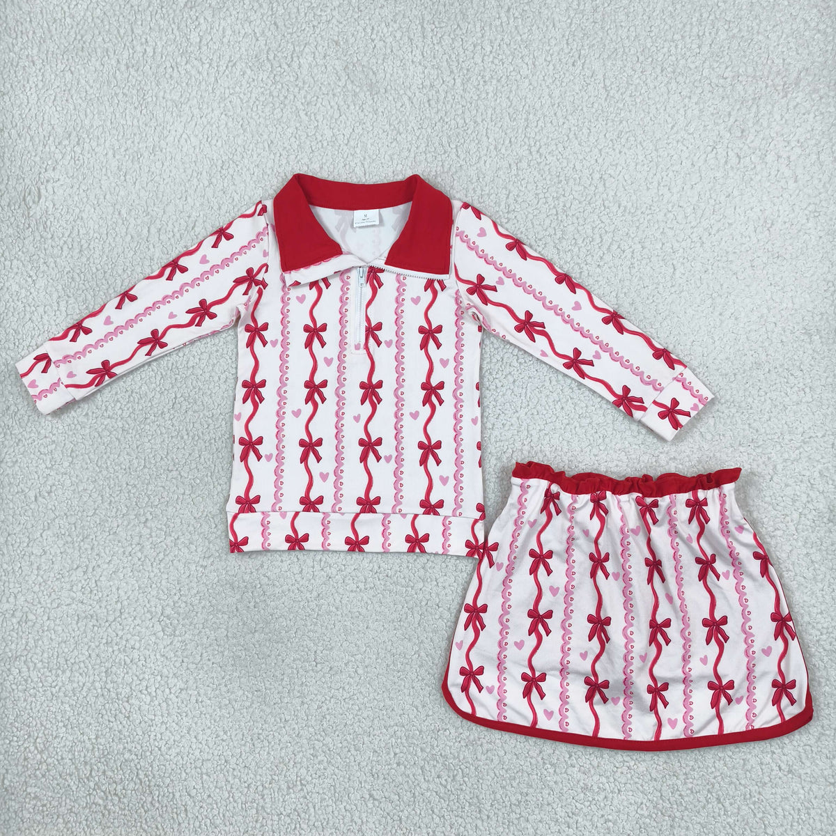 GLD1751 Valentine's Day Red Bows Zipper Long Sleeve Skorts Girls Set