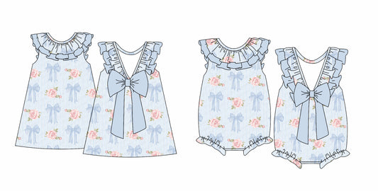 Custom Moq 3 Pink Flowers Blue Bows Sibling Clothes