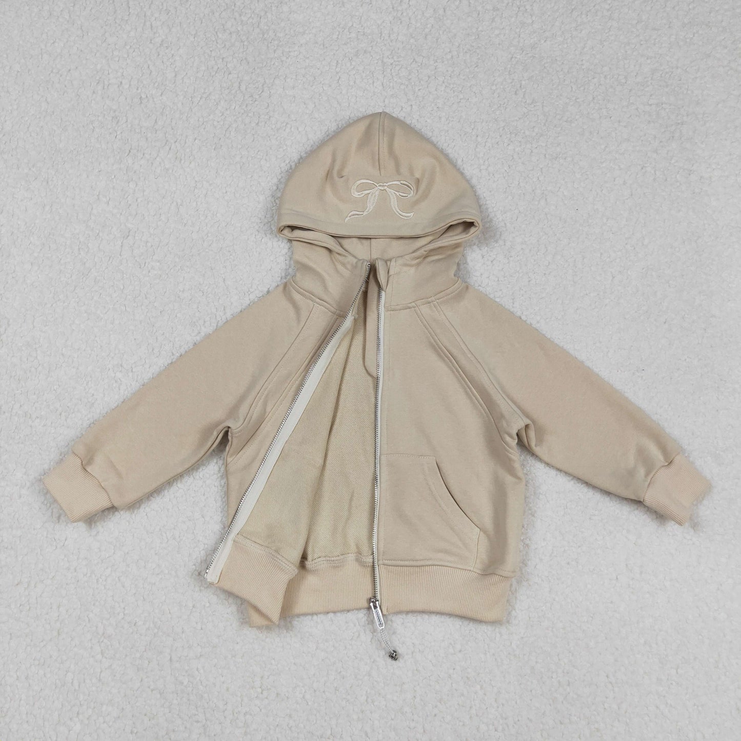 USA SHOP GT1203 embroidery bow khaki long sleeve zipper pocket hoodie girls coat