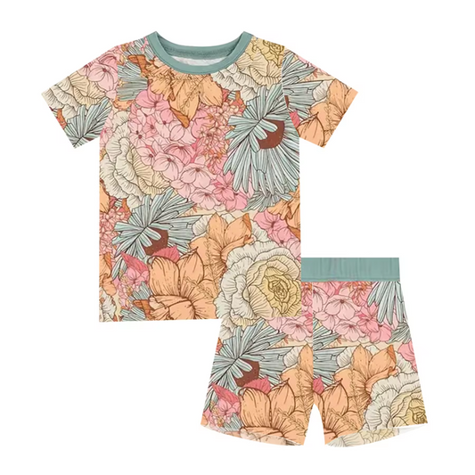 custom colorful flowers short sleeve shorts girls pajamas