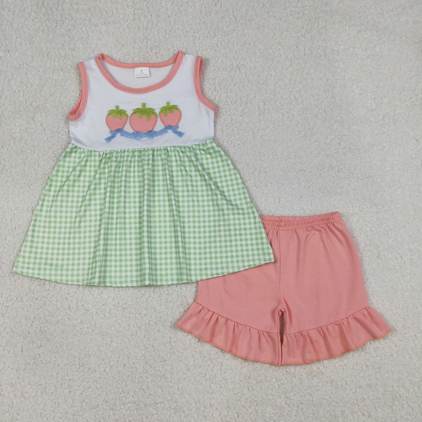 Embroidery GSSO2981 Strawberry Bow Green Checkered Sleeveless Pink Shorts Girls Set