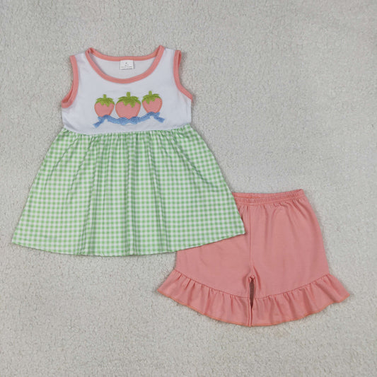 Embroidery GSSO2981 Strawberry Bow Green Checkered Sleeveless Pink Shorts Girls Set