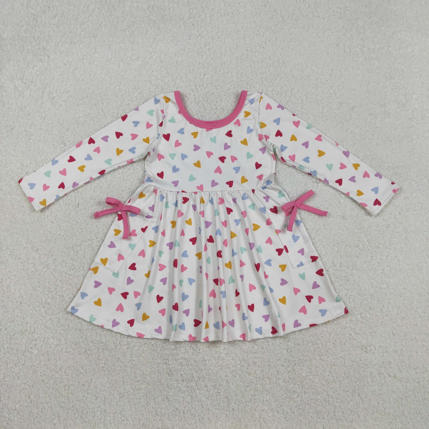 GLD1428 Valentine's Day Heart Pockets Long Sleeve Girls Dress