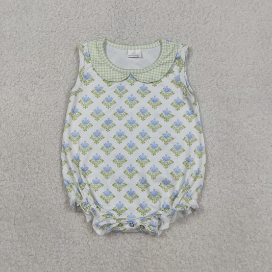 SR3513 Blue Flowers Sleeveless Girls Romper