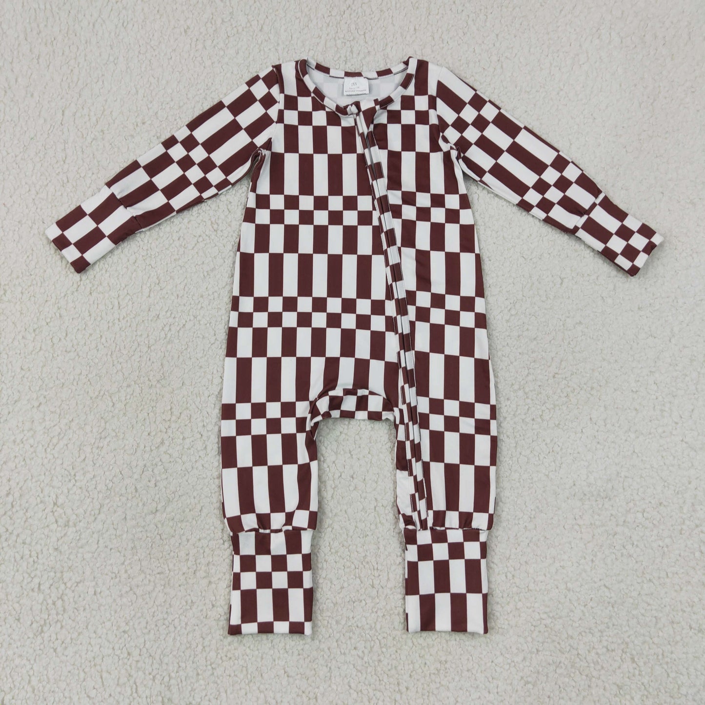 LR3114 Maroon Checkered Zipper Long Sleeve Boys Romper