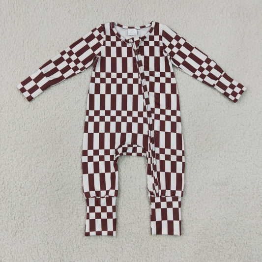 LR3114 Maroon Checkered Zipper Long Sleeve Boys Romper