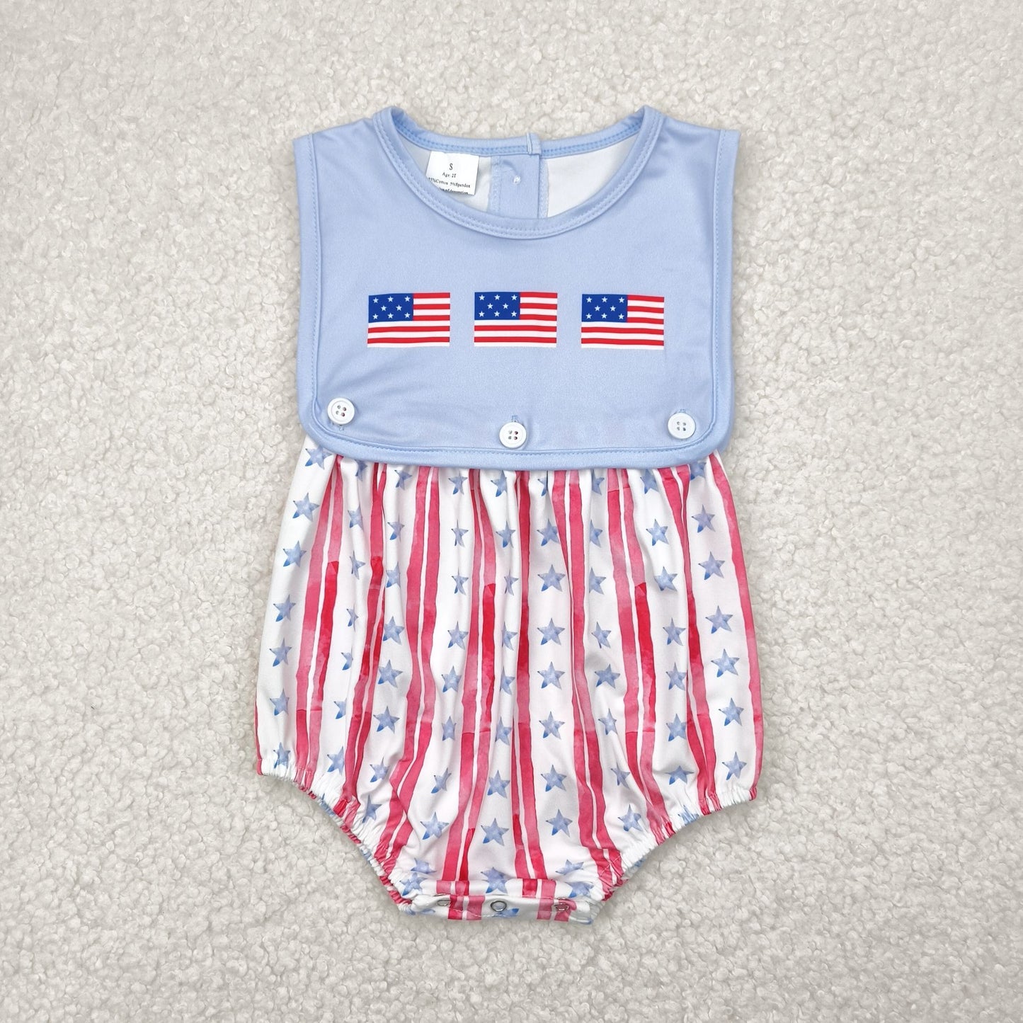 SR3049 July 4th flag red striped blue sleeveless boys 2pc romper