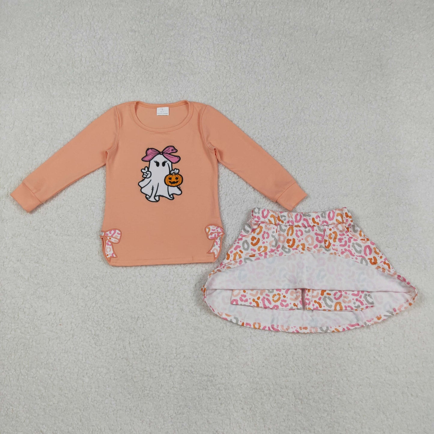embrpidery GLD1174 Halloween spilt side bows pumpkin bow orange long sleeve leopard skirt skorts girls set