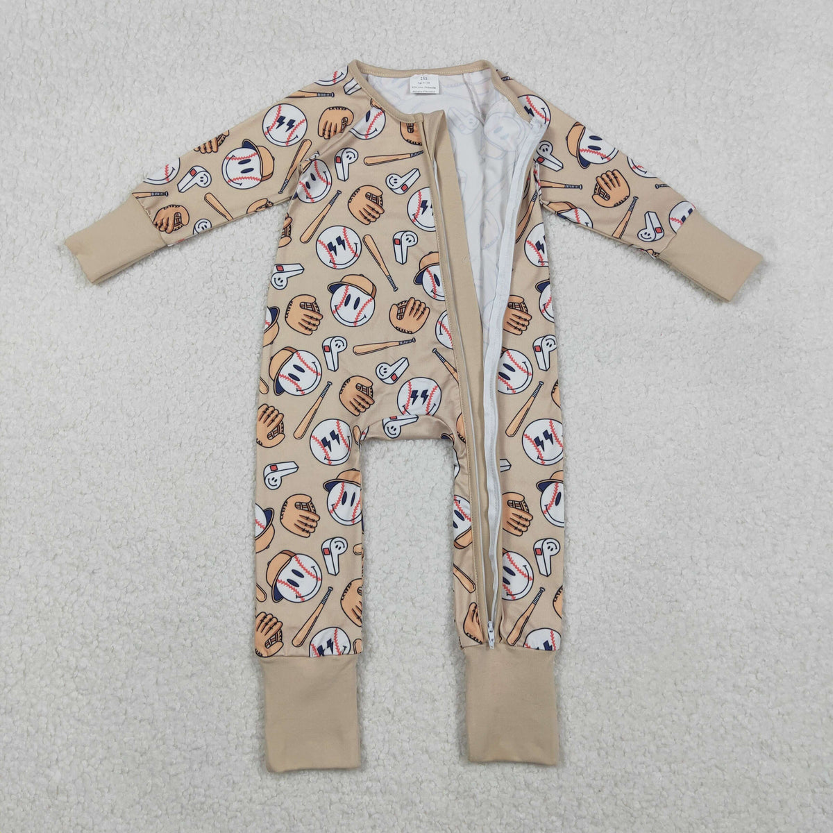 LR2816 baseball smile khaki zipper long sleeve boys romper