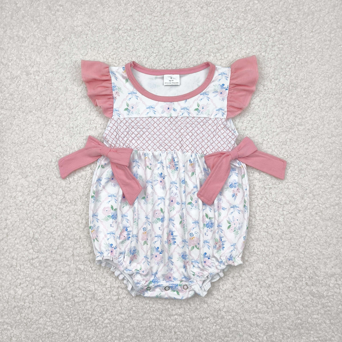 embroidery SR2923 blue flowers pink bows flutter sleeve girls romper
