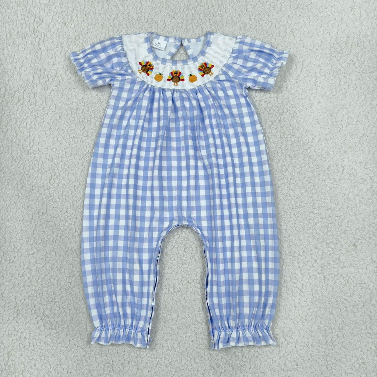 Smocked Embroidery SR4276 Thanksgiving Turkey Pukmpkin Checkered Short Sleeve Girls Romper