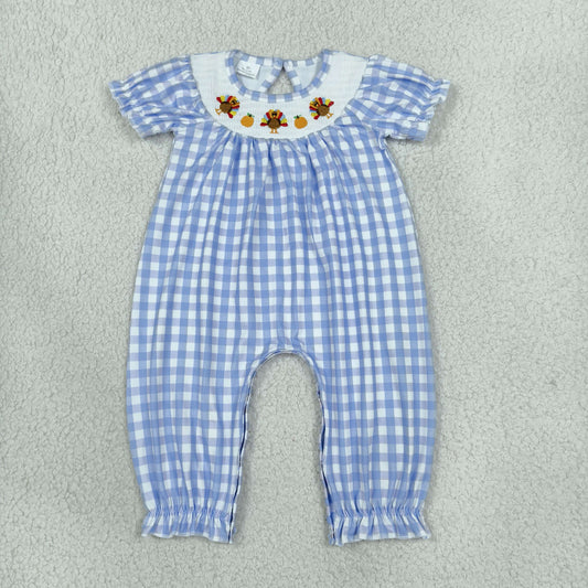 Smocked Embroidery SR4276 Thanksgiving Turkey Pukmpkin Checkered Short Sleeve Girls Romper