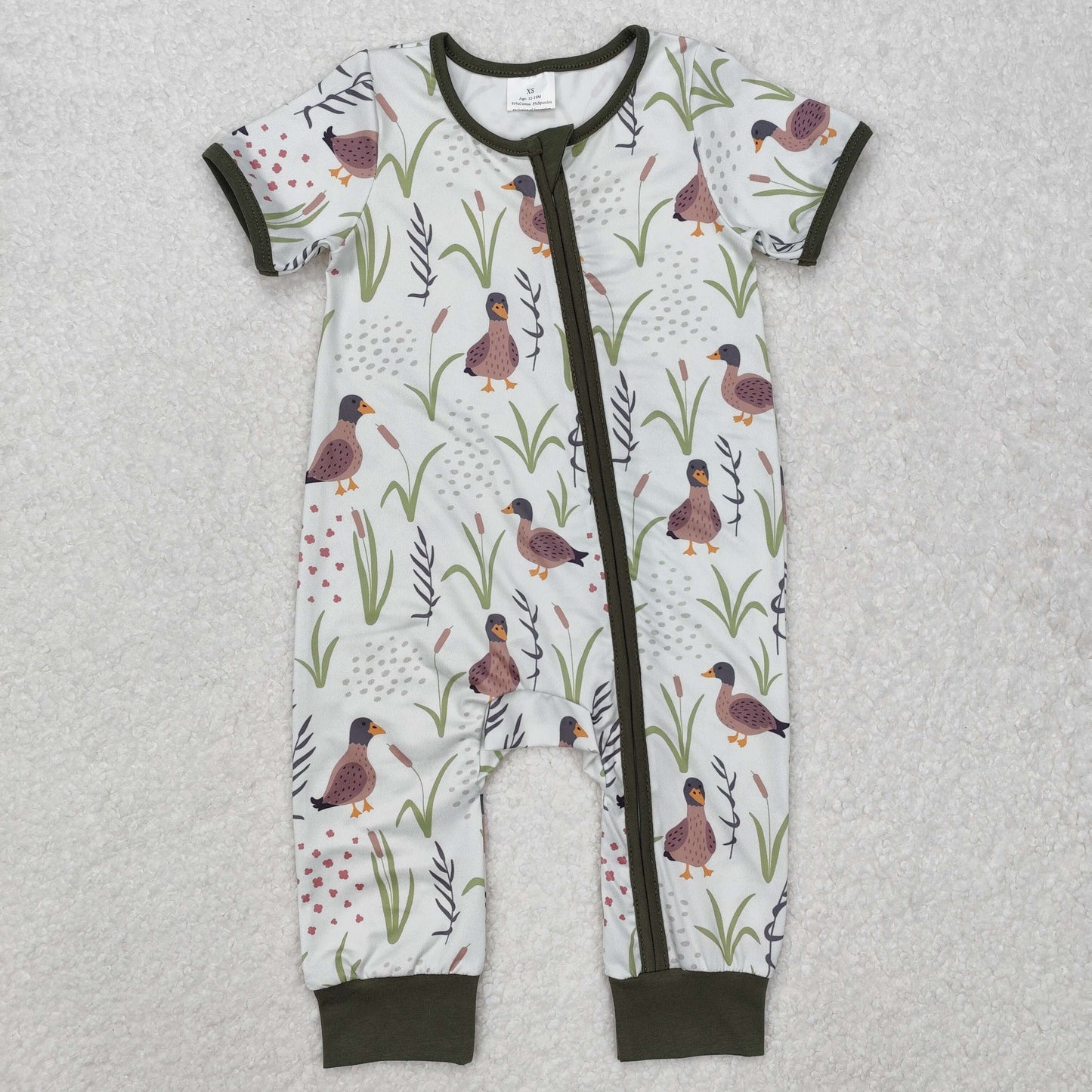 SR2086 hunting season mallard duck dark green zipper short sleeve boys romper