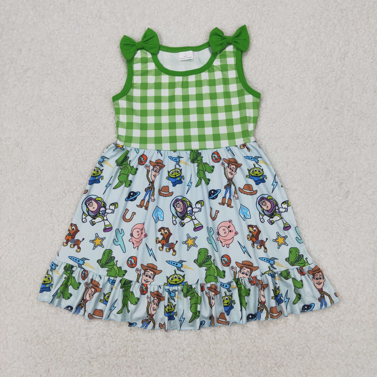 GSD2107 cartoon toy green checkered sleeveelss girls dress
