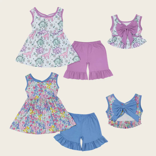 cartoon dinosaur/colorful flowers with bow Summer girls set RTS sibling clothes