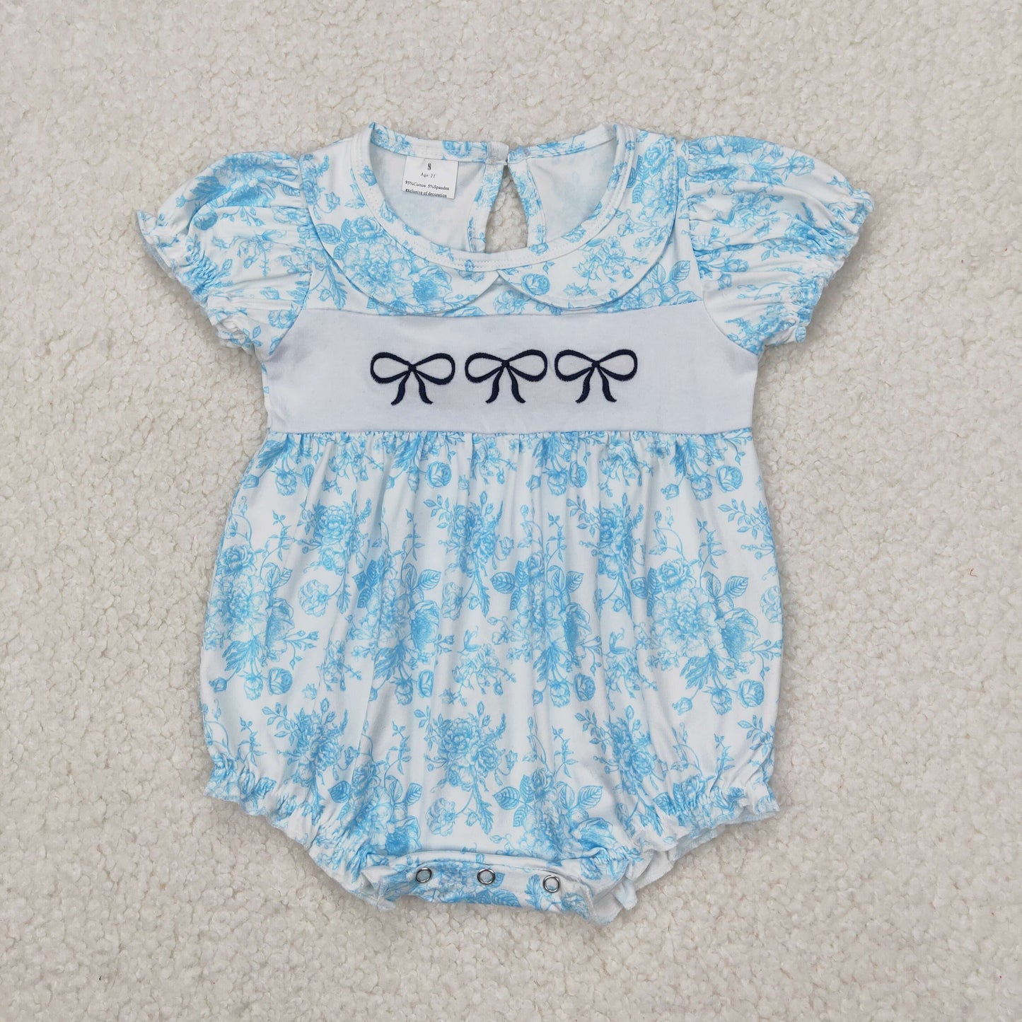 SR2784 blue bows flowers short sleeve girls romper