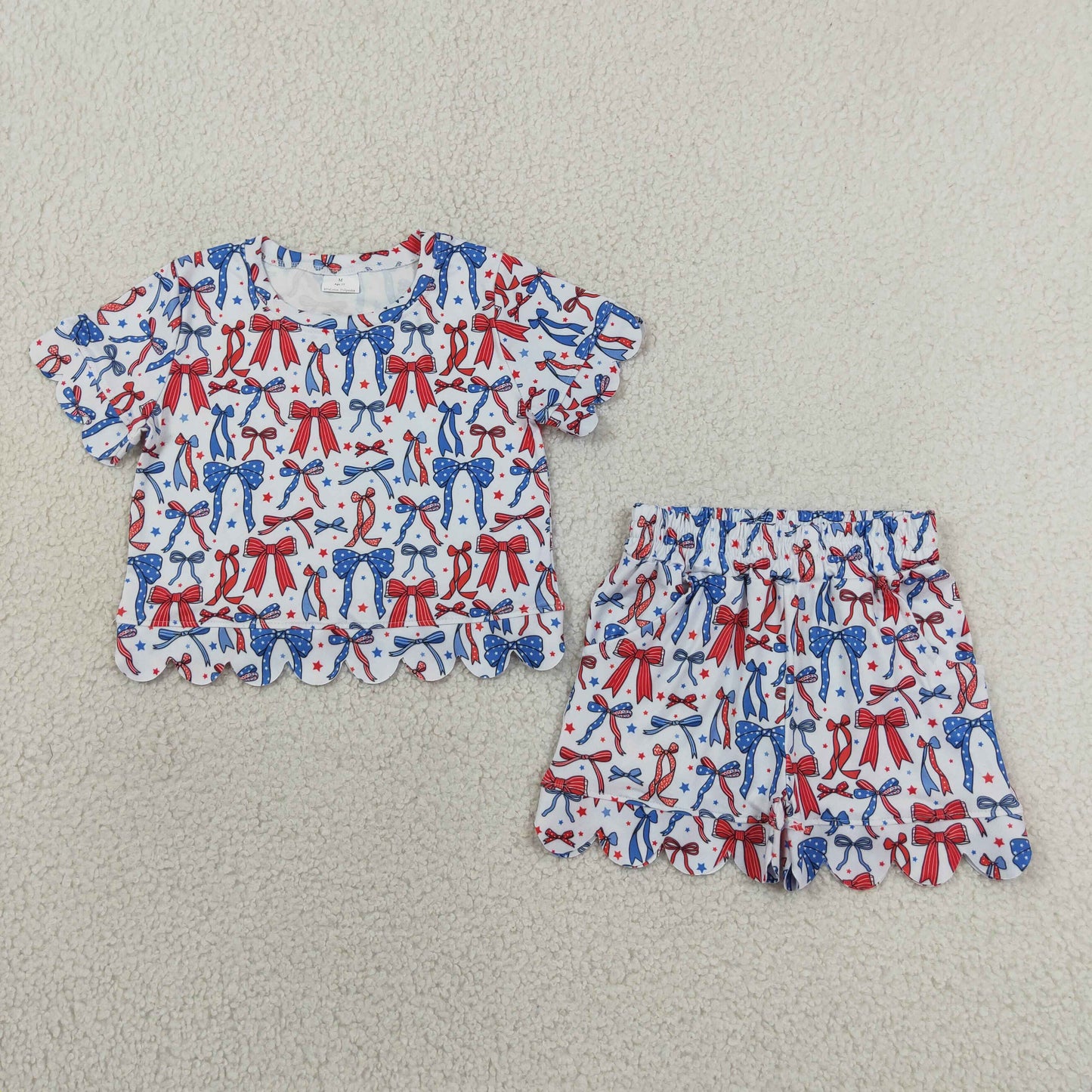 GSSO3548 Scallop July 4th Red Blue Bows Short Sleeve Shorts Girls Set